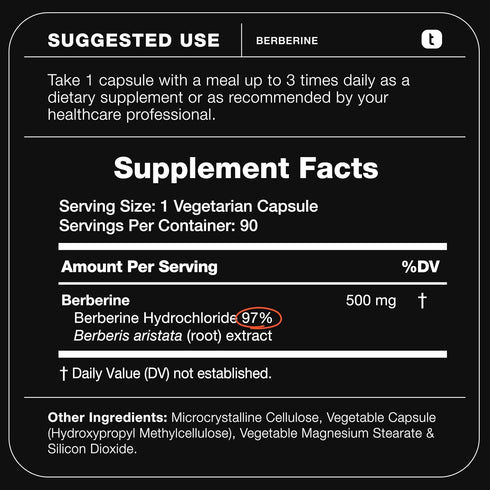 Toniiq Ultra High Strength Berberine HCl 500mg - 90 Veggie Capsules, Wild Harvested, 97% Tested Purity Extract