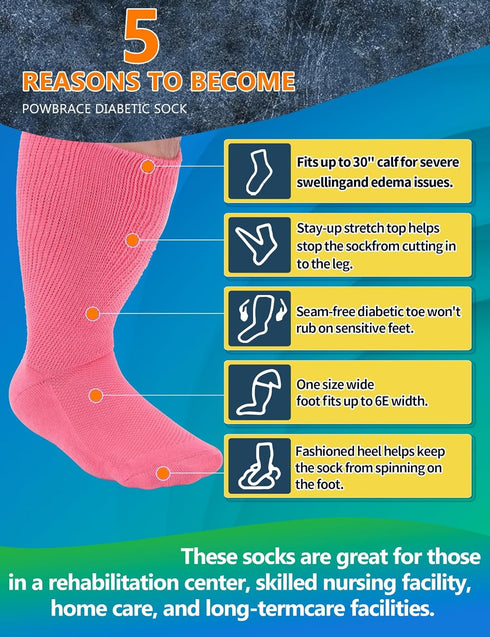 Powbrace 2 Pairs Wide Diabetic Socks for Swollen Feet, Lymphedema Socks,Non-Binding Socks,Diabetic Socks for Men
