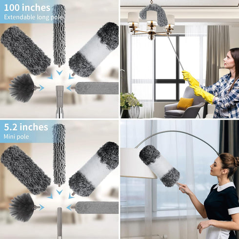 Microfiber Feather Duster with Extension Pole 30 to 100 inches, Reusable, Washable Dusters for Cleaning Ceiling Fans,