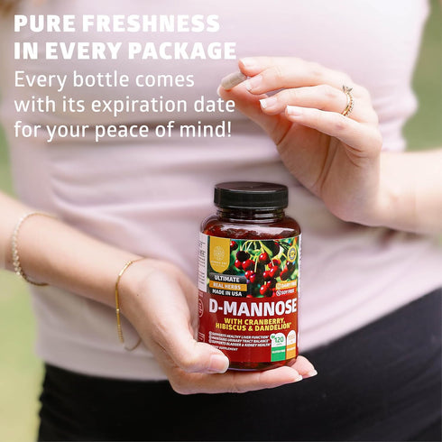 Number One Nutrition Premium D Mannose with Cranberry and Hibiscus, Max Strength 1350mg, 120 Capsules
