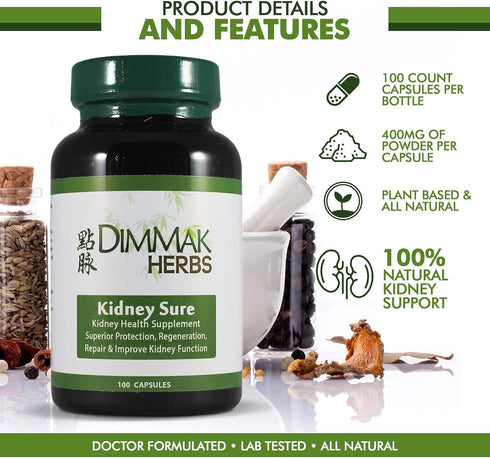 Dimmak Herbs Certified Organic Kidney Sure Health Supplement, Chinese Herb Kidney Blend Detoxifier + Regenerator – 100