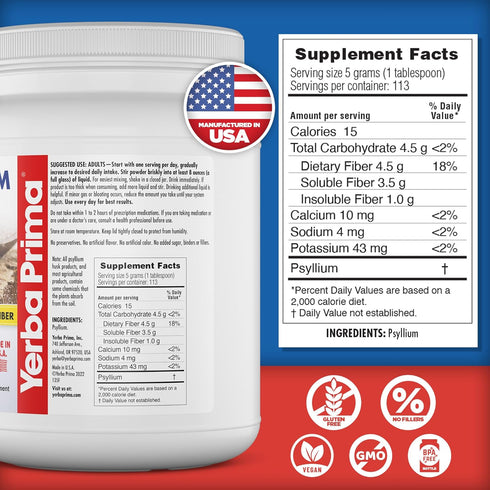 Yerba Prima Psyllium Whole Husks Fiber Supplement - Vegan, Non-GMO, Gluten Free for Colon Cleanse (20oz)