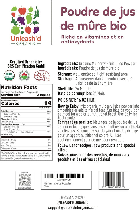 UNLEASH'D ORGANIC Mulberry 16oz 100% Unleashd Organic Juice Powder Pure Superfood, Rich in Vitamins, Supports Detox