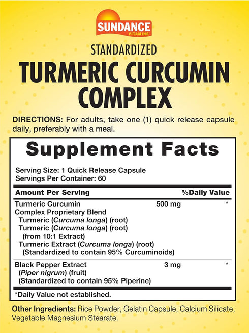 Turmeric Curcumin Complex | 60 Quick Release Capsules | Traditional Herbal Supplement | Non-GMO and Gluten Free Formula | by Sundance