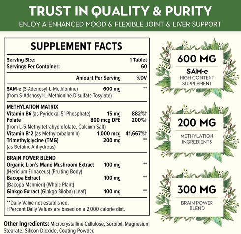 1100mg SAM-e (S-Adenosyl-L-Methionine) Supplement - Highest Concentration of Active S,S Form Same for Mood, Joint &