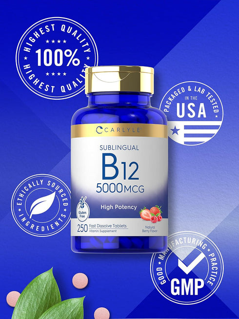 Carlyle Vitamin B12 5000mcg - 250 Fast Dissolve Tablets, Natural Berry Flavor, Vegetarian, Non-GMO & Gluten Free