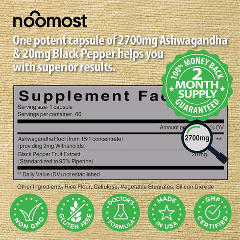 Organic Ashwagandha Capsules 2700mg with Black Pepper Extract for Stress Relief, Energy & Focus, 2 Months