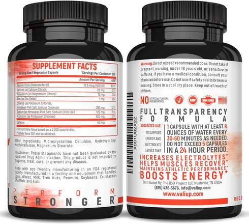VALI Electrolyte Salts Plus with 40mg Caffeine, 120 Veggie Capsules for Hydration, Energy, Recovery