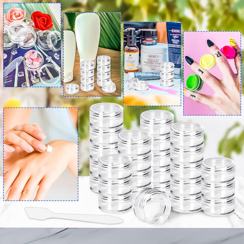 MotBach 100 Pcs 5g Empty Plastic Containers, Mini Makeup Sample Jars with Clear Lids and Mini Spatulas