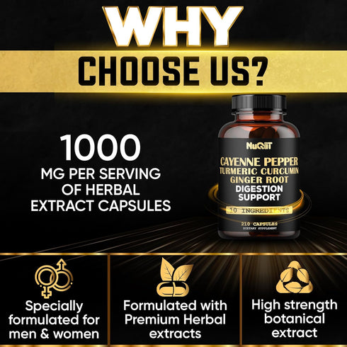 Extract 10:1 Cayenne Pepper Supplement with Turmeric Curcumin, Ginger Root, 210 Capsules for Immune Support