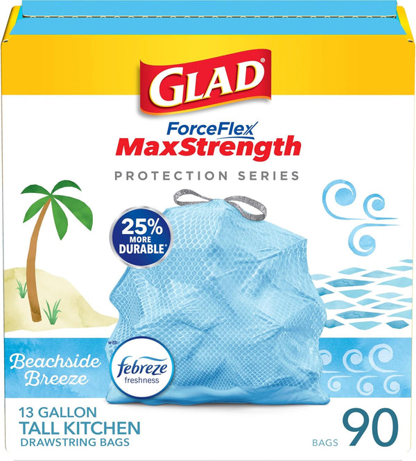 Glad ForceFlex MaxStrength Tall Kitchen Trash Bags | 13 Gal | Beachside Breeze | 90 Ct | Pack May Vary