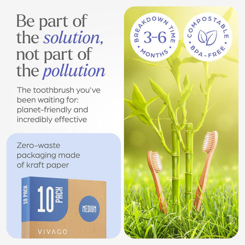 Bamboo Toothbrushes Medium Bristles, 10 Pack, BPA Free, Eco-Friendly, Compostable & Biodegradable for Adults