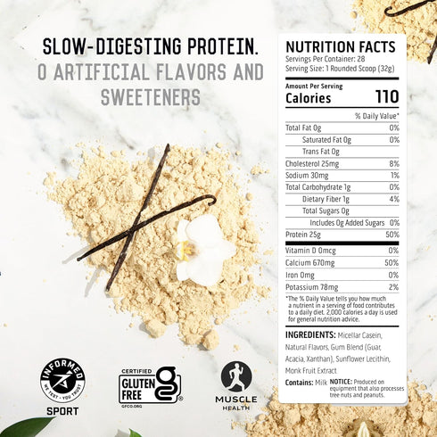 Ascent Casein Protein Powder - 25g Micellar Casein, Gluten-Free, No Added Sugar, 4.9g BCAA, Vanilla Bean, 2 Pounds