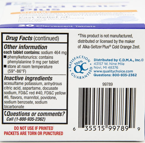 Quality Choice Cold Medicine, Effervescent Cold Relief Plus Orange, Pain Reliever & Fever Reducer, 20 Count Flavored