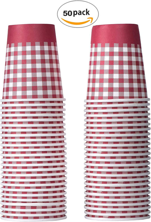Hammont Picnic Cups – 9 oz Gingham BBQ Party Supplies - Red & White Checkered Disposable Paper Cups (50 Pack)