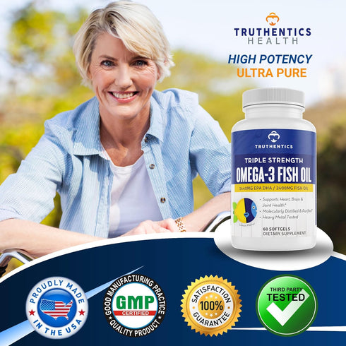 TRUTHENTICS Omega 3 Fish Oil, 2400 mg Triple Strength, Burp-Free Lemon Flavor, 60 Softgels