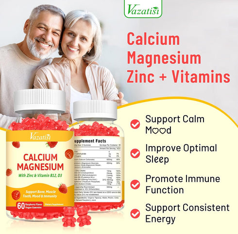 Calcium Magnesium Zinc Gummies with Vitamin D3 & B12, Sugar-Free, Vegan Raspberry Flavor - Supports Bone, Muscle, Mood