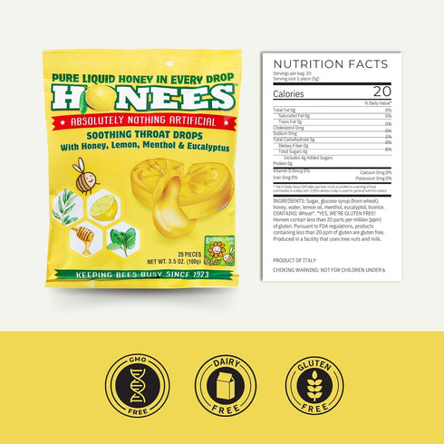 Honees Honey Filled Drops Variety Pack, Natural Sore Throat Relief Throat Lozenges, 2 Pack - 40 Drops