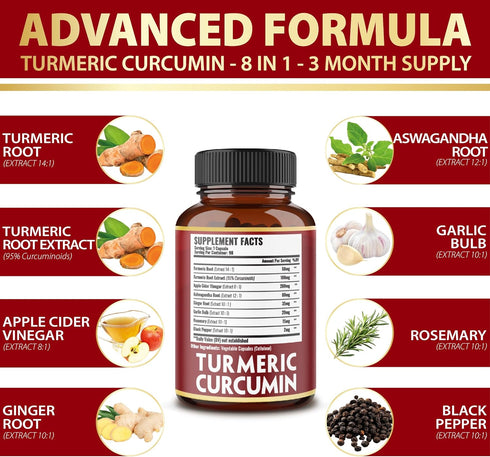 7 in 1 Turmeric Curcumin + Apple Cider Vinegar Capsules, Equivalent to 4080mg, 3 Month Supply with Ashwagandha, Ginger, Garlic Bulb, 95% Standardized Curcuminoids, Joint & Absorption Support