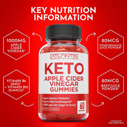 Gummies Gummies 1000MG 60 Count Atlantis Nutrition Keto ACV for Weight Loss - Apple Cider Vinegar Formulated to Support