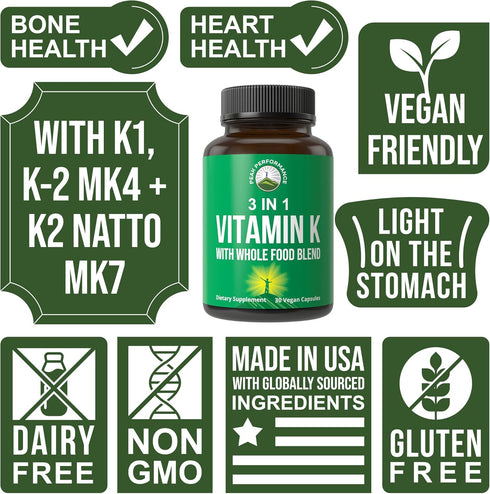 Vitamin K with Whole Food Blend of 25+ Vegetables and Fruits for Max Absorption | Vegan Capsules Supplement