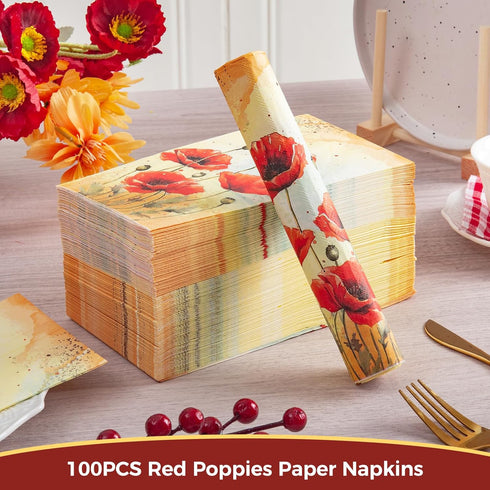 Homlouue 100PCS Watercolor Red Poppies Floral Napkins - 3 Ply Disposable Hand Towels for Bathroom Guest
