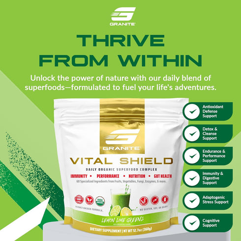 Granite Supplements Vital Shield - 30 Servings Greens Superfood Powder for Gut Health, Lemon Lime