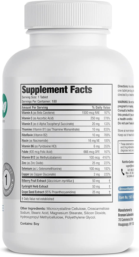 Bronson ONE Daily Vision Complete Eye Health Support Multivitamin Multimineral Supplement Formula, 180 Tablets