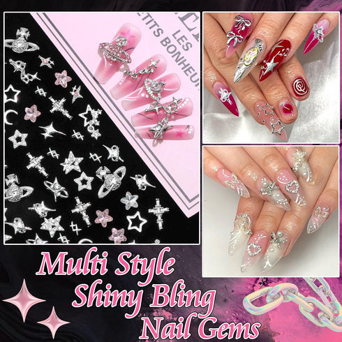 RODAKY 128PCS Silver Nail Charms, Cross Star Charms for Nails, 3D Saturn Planet Nail Jewelry, Pink Nail Rhinestone Gems