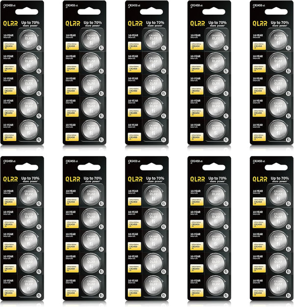 QLRR CR2450 Battery 3V Lithium Coin Cell Battery 50 Pack, Long-Lasting Batteries CR2450