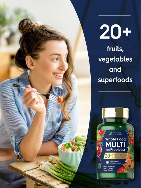 Nature's Fortune 120 20 Whole Food Multivitamin with Probiotics | Coated Caplets | Made with Fruits and Vegetables |