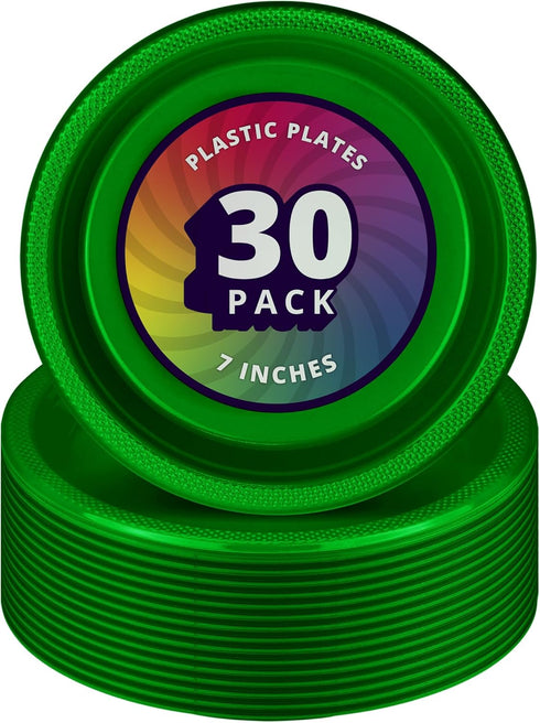 DecorRack 30 Small Plastic Plates, Heavy Duty 7 Inch Disposable Party Ware for Kids Birthday, Green