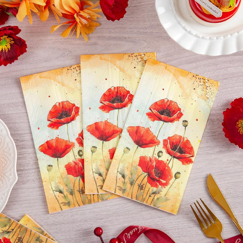 Homlouue 100PCS Watercolor Red Poppies Floral Napkins - 3 Ply Disposable Hand Towels for Bathroom Guest