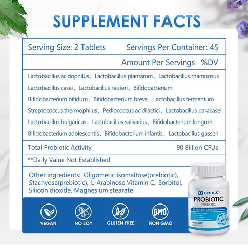 Probiotics 90 Billion CFUs, 18 Strains with 3 Organic Prebiotics & Vitamin C, Nutritional Supplement for Women, Men &
