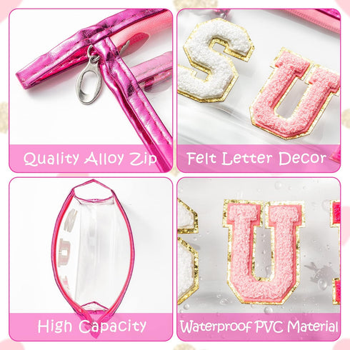 Y1tvei Preppy Patch SUN Varsity Letter Cosmetic Bag, Transparent PVC Zipper Makeup Clutch, Portable Waterproof Travel