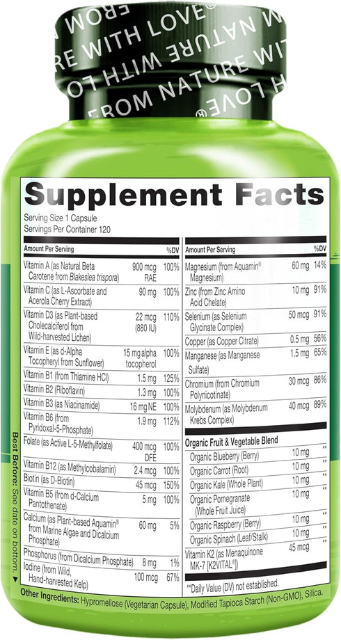 NATURELO One Daily Multivitamin for Women 50+ (Iron Free) - Menopause Support - Whole Food Supplement - Non-GMO - 120