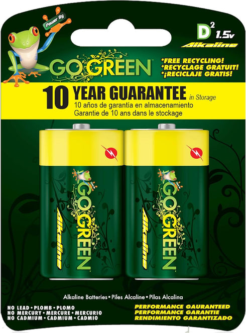 GoGreen Power (24004) Eco-Friendly Alkaline D Batteries, No Lead, Cadmium or Mercury, Pack of 2