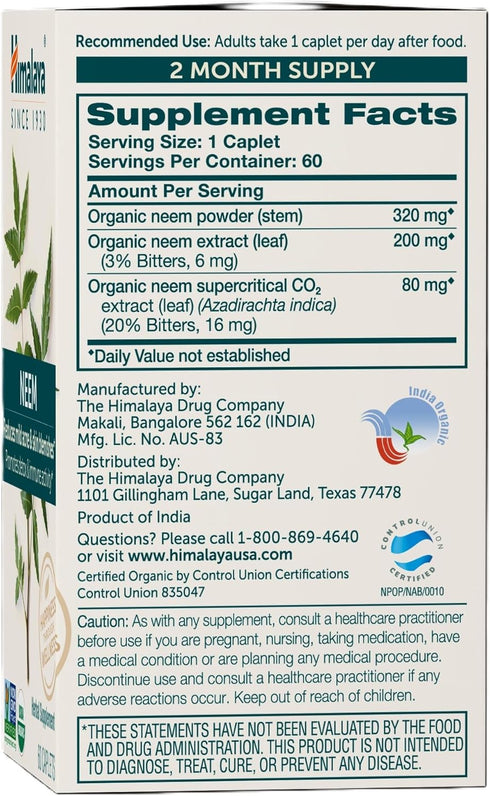 Himalaya Organic Neem Herbal Supplement - 600mg, 60 Plant Based Caplets, Mild Acne & Clear Skin, 2 Pack