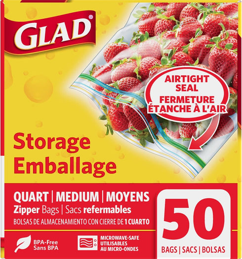 Glad Zipper Food Storage Plastic Bags | Quart - 50 Count (Packaging May Vary)
