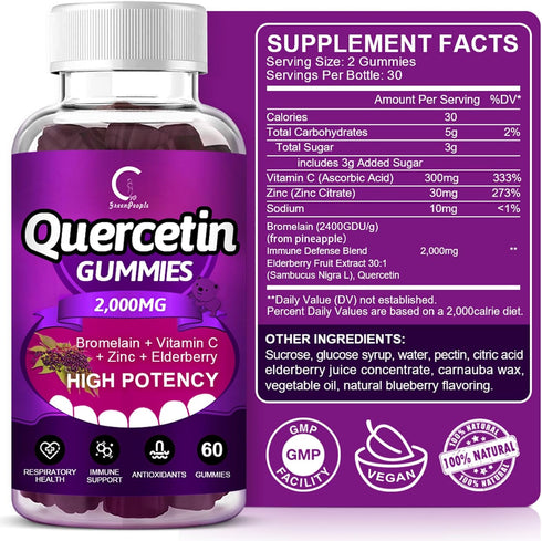 Quercetin Gummies - 60 Gummies (2 Pack) - Extra Strength Immune System Booster with Bromelain, Vitamin C, Zinc &