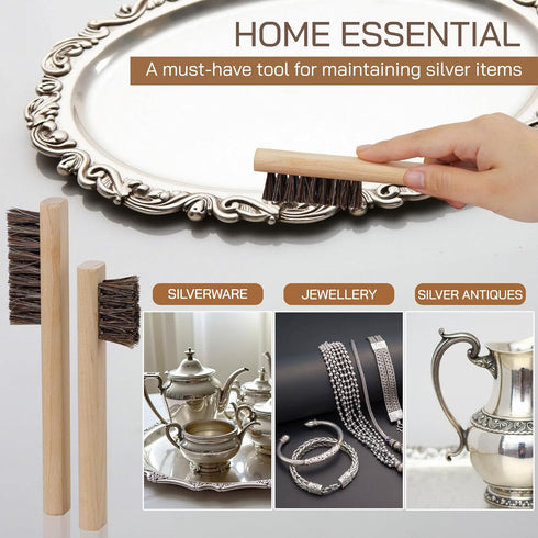 TAKAVU Horsehair Detail Brush Set, Silver Cleaning Brushes & Polish Cloth for Jewelry & Silverware