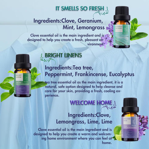 Essential Oils for Laundry, 100% Pure Aromatherapy Oils for Diffusers, 6x10ml Clean, Wool Dryer Balls