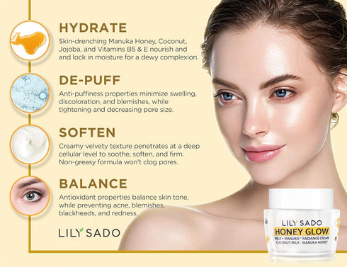 LILY SADO HONEY GLOW Radiance Cream Face Moisturizer, Natural Daily Lotion with Manuka Honey, Coconut, Apricot - 2 oz