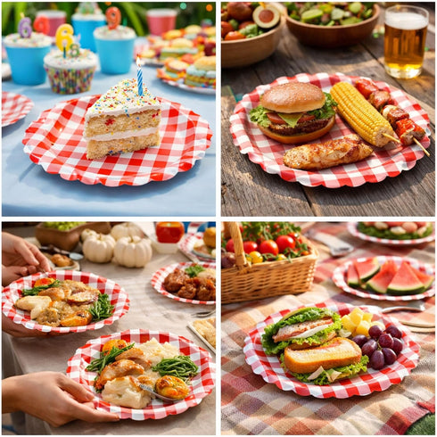 sunepany 50 9 Inch, Pcs Red Paper Plates Gingham Scalloped Disposable Plates for Party Christmas Birthday BBQ