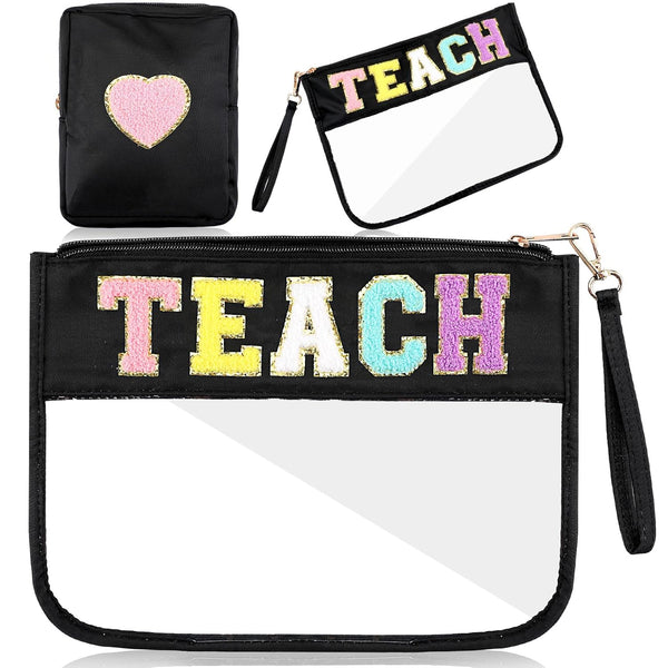 Hillban 2 Pcs Teacher Gifts Chenille Letter Bags, Preppy Patch Makeup Bag Flat Clear Pouch for Women Girl