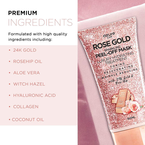 AZURE Rose Gold Hydrating Peel Off Face Mask- Dermatologist Tested - Anti Aging, Toning & Rejuvenating - Removes Blackheads, Dirt & Oils - Real 24K Gold & Rose Hip Oil - 5.07 fl.oz.