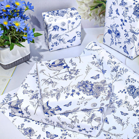 JarThenaAMCS Blue White Floral Wrapping Paper Roll, 17 Inch x 32.8 Ft Chinoiserie Flower Bird Gift Wrap Paper for Party