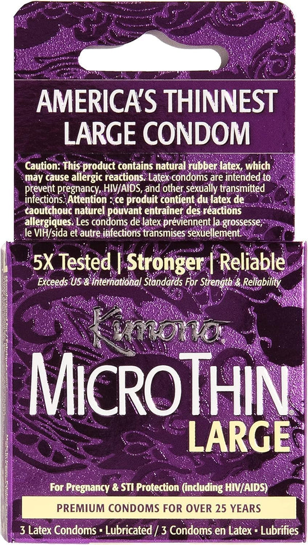 Kimono MicroThin Large Pack of 3 - Premium Lubricated Natural Latex Condoms,