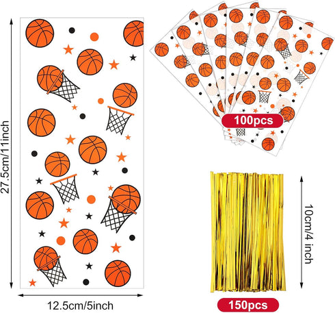 Zonon 100 Pieces Basketball Candy Party Bags with 150 Pieces Gold Twist Ties for Sports Treat Favors