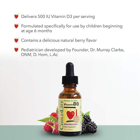 CHILDLIFE ESSENTIALS Vitamin D3 Drops, 500 IU, Natural Berry, 1 Fl Oz, Immune & Bone Health for Infants